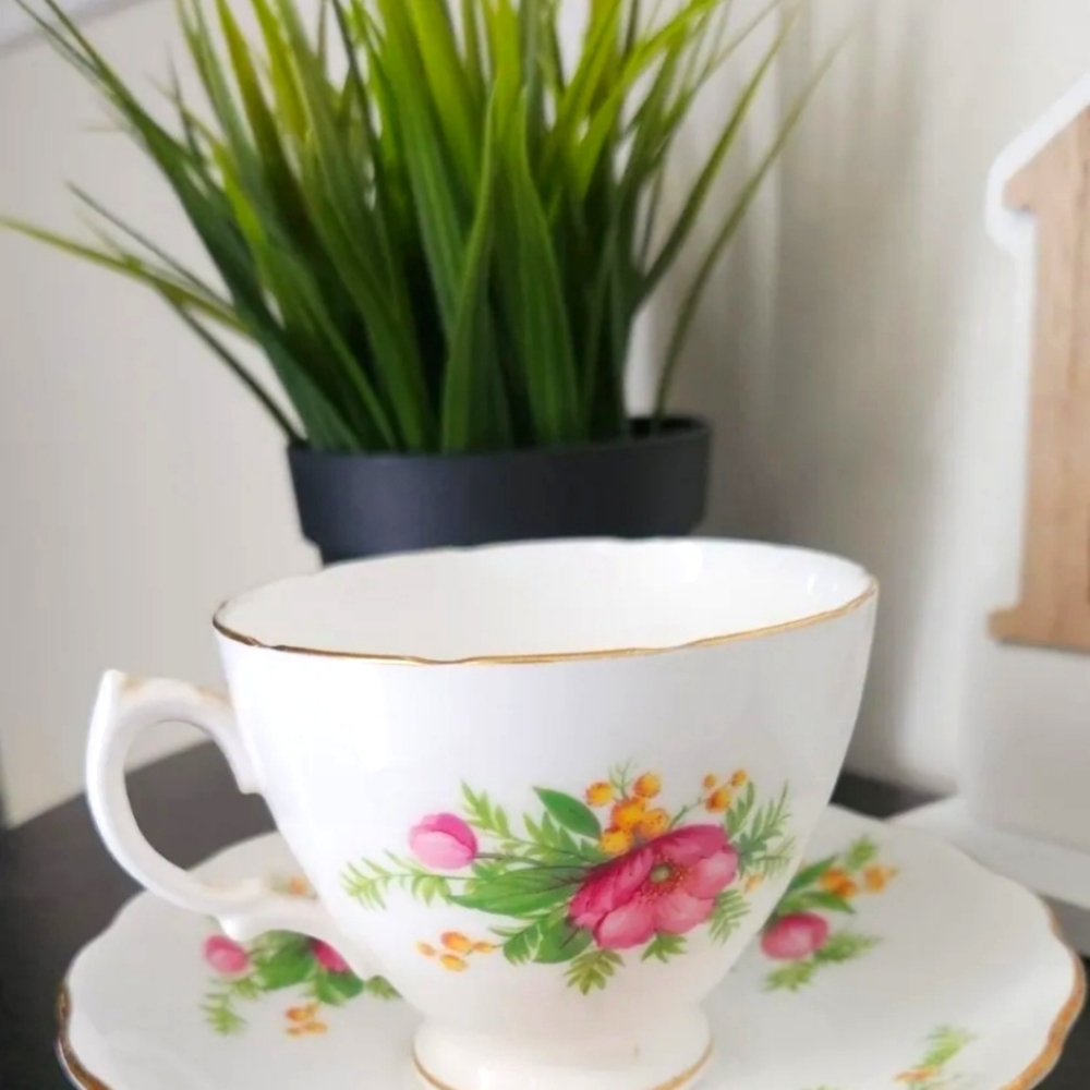 Royal Vale Tea set of 2  Pink Floral Pattern Vintage Bone China from England